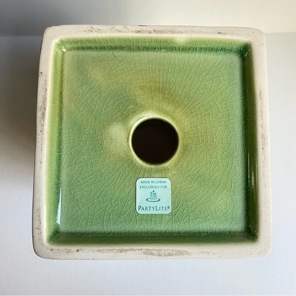 PartyLite Nature’s Garden pillar candle holder green glaze on ceramic P9183